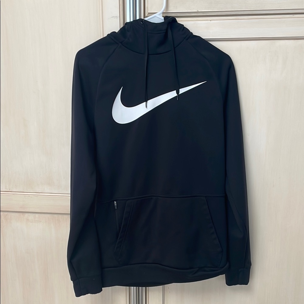 Nike Black Hoodie with White Swoosh and Zippered Pocket